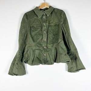 NEW Scripted Cotton Blend Ruffle Hem Button Front Collared Jacket Fatigue Green